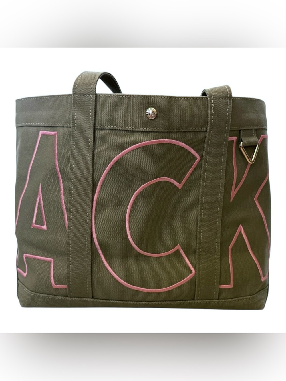 BaubleBar ACK Nantucket Olive Canvas Tote Bag Pink Embroidered NWOT - Picture 2 of 7